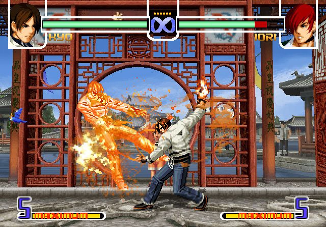The King of Fighters 2002  in-game screen image #1 Note the high resolution power-meters and background and the low resolution sprites.