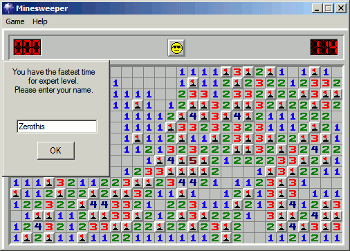 Minesweeper in-game screen image #2 Expert mode, a win!