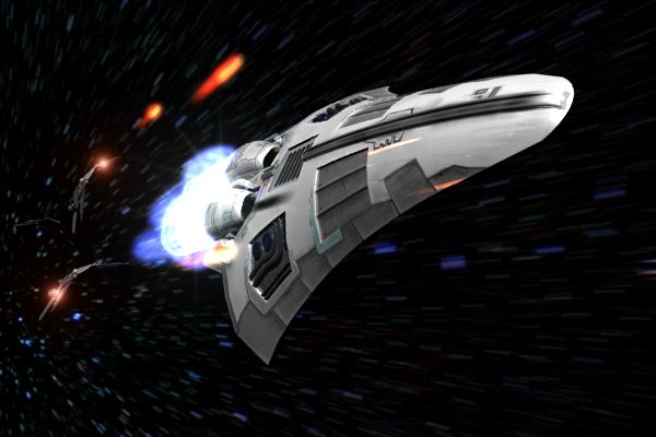 Escape Velocity Nova  game art image #6 The Sigma Shipyards Light Capital Class S-25 Starbridge, the "mascot starship" of EVN.

The Starbridge is a relatively new concept in ship design, in a Federation where ancient traditions are the rule.  This vessel channels power straight from a Thorium Nuclear Furnace into its large impulse drives, bypassing life-support and even jump engines.  Ancillary power is then provided by turbines mounted behind the engines.  This design provides very accurate control of thrust, and great power in normal space.  The single drawback is that the turbines must be very strong, pushing the price up by a large margin.