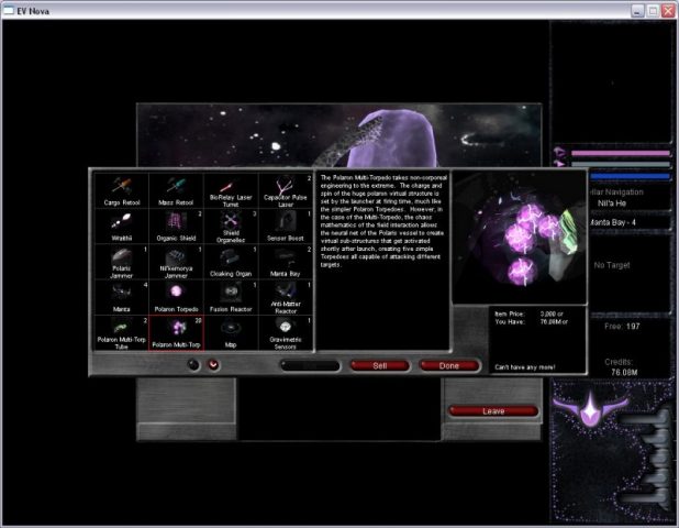 Escape Velocity Nova  in-game screen image #1 The outfitter, where you buy weapons and upgrades for your vessel.  This particular image is of a Polaris outfitter.