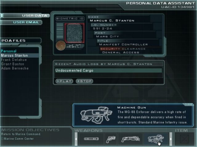 Doom 3  in-game screen image #6 The PDA, your one source for all the information you ever needed.