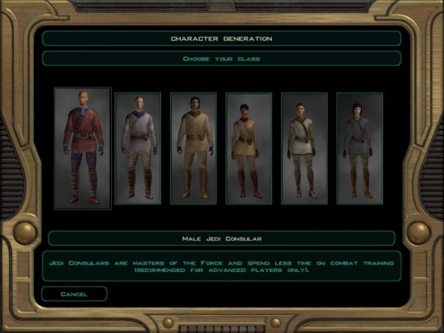 Knights of the Old Republic II: The Sith Lords  in-game screen image #4 Class and gender selection
