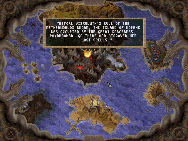 Magic Carpet 2: The Netherworlds in-game screen image #1 Worldmap and description of your next mission.