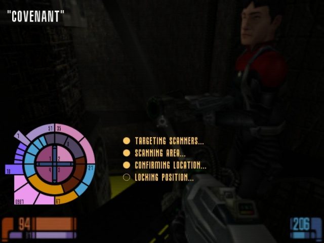 Star Trek Voyager: Elite Force in-game screen image #1 Usual loading screen with the last moment of the previous level frozen in the background.