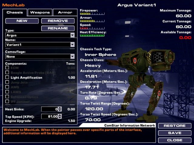 MechWarrior 4: Vengeance  in-game screen image #2 Mechlab