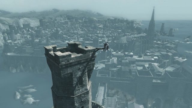Assassin's Creed  in-game screen image #2 Scouting a city; exposes map and side-quests in small area.