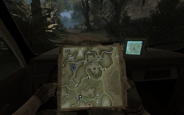 Far Cry 2  in-game screen image #2 Driving a car with map in one hand