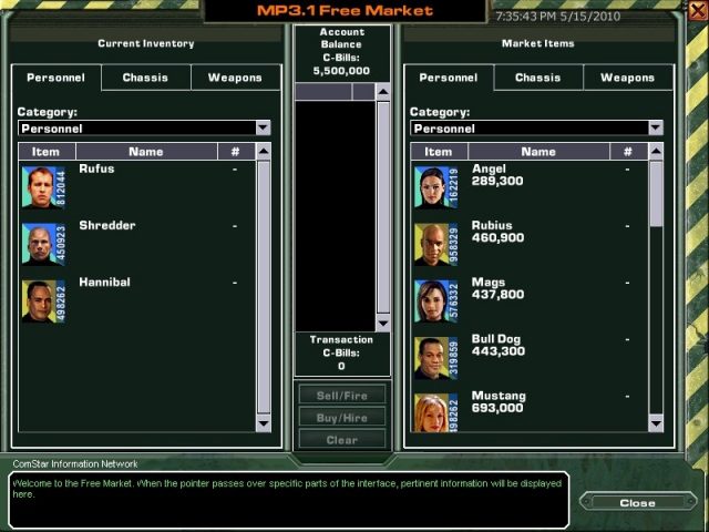 MechWarrior 4: Mercenaries  in-game screen image #4 Recruit screen