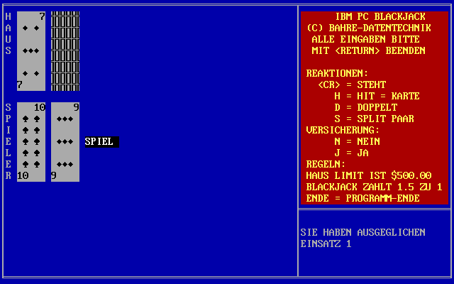 IBM PC Blackjack  in-game screen image #3 