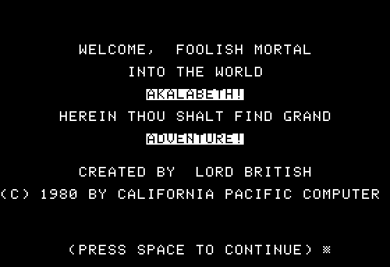 Akalabeth: World of Doom  title screen image #1 